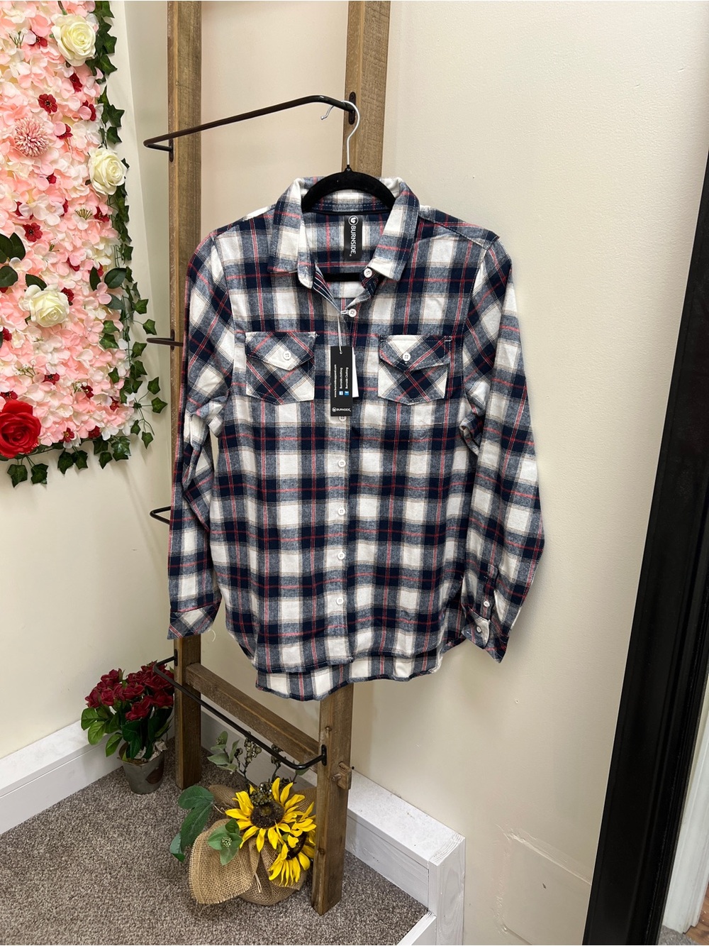 burnside Navy, White and Red Plaid Flannel Button-Down Shirt